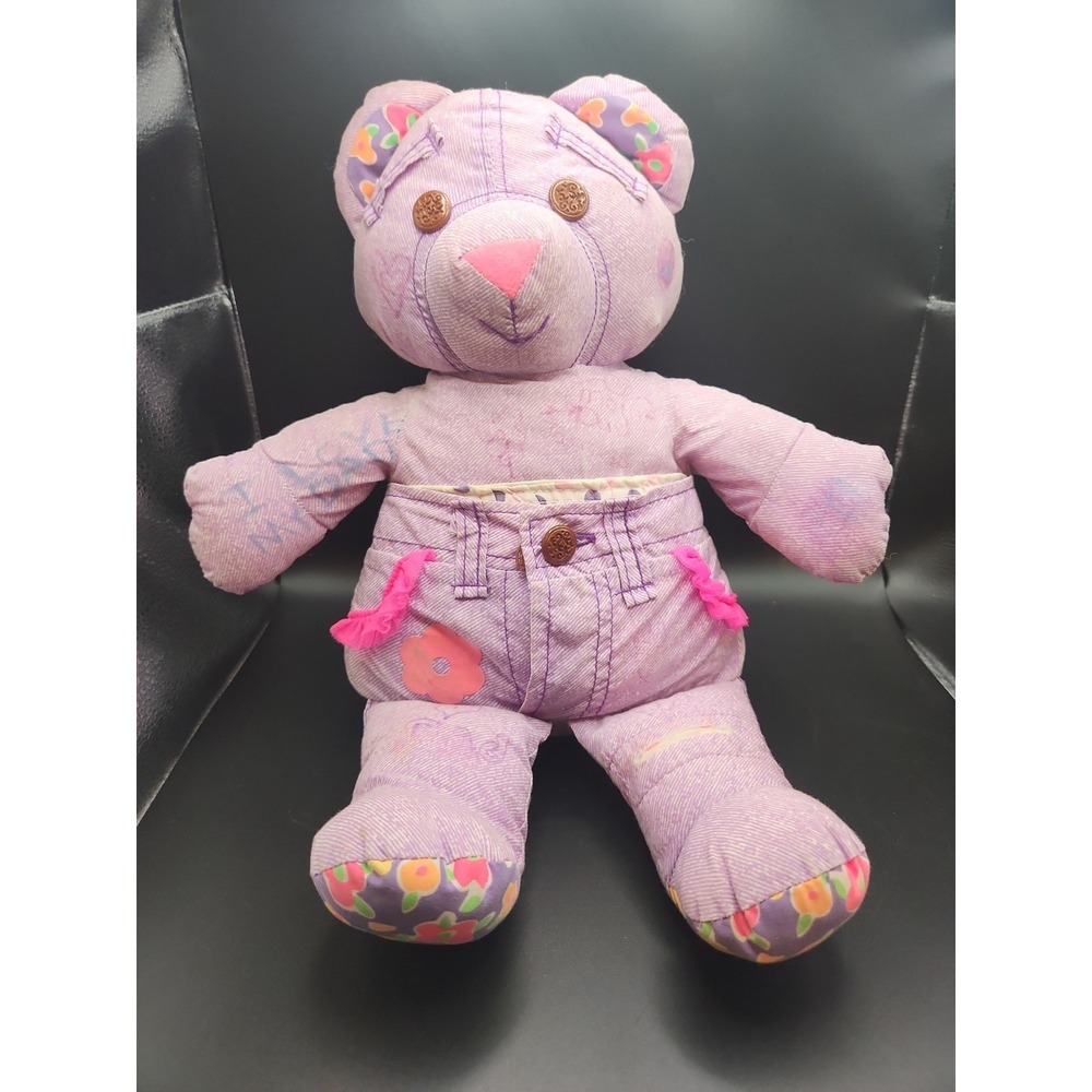 Vintage 1994 Tyco Doodle Bear Plush 16" Purple Denim Lavender Flowers 90s Toy